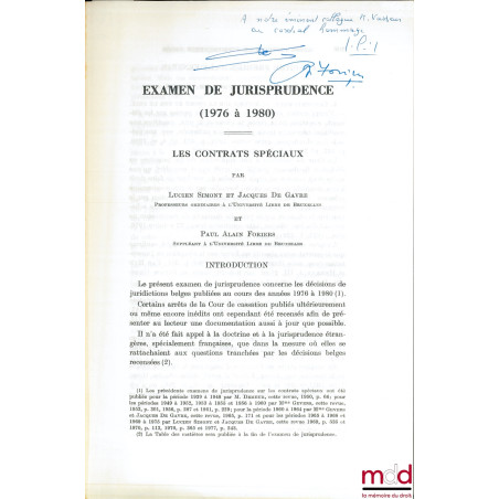 EXAMEN DE JURISPRUDENCE (1976-1980) LES CONTRATS SPÉCIAUX, extrait de la Revue critique de jurisprudence belge