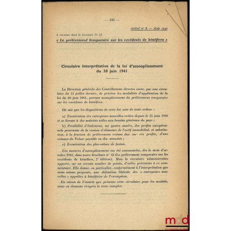 LE PRÉLÈVEMENT TEMPORAIRE SUR LES EXCÉDENTS DE BÉNÉFICES, A.N.S.A. (Association Nationale des Sociétés par Actions), n° 43/19...
