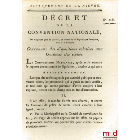 Décret de la Convention nationale, du 20ème jour de Nivôse , an second de la République Française, une et indivisible, Conten...