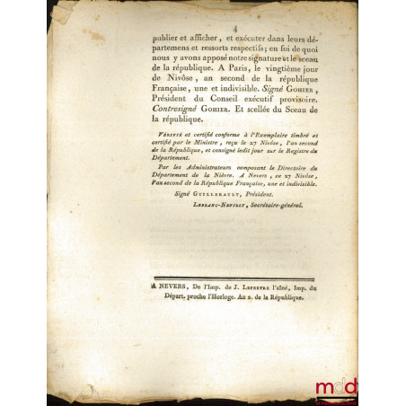 Décret de la Convention nationale, du 20ème jour de Nivôse , an second de la République Française, une et indivisible, Conten...
