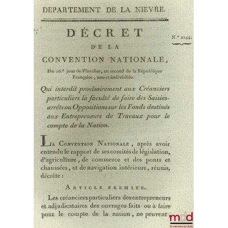 Décret de la Convention nationale, du 26ème jour de Pluviôse , an second de la République Française, une et indivisible, Qui ...