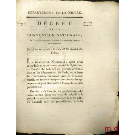 Décret de la Convention nationale, du seizième jour de Nivôse, an second de la République Française, une et indivisible, QUI ...