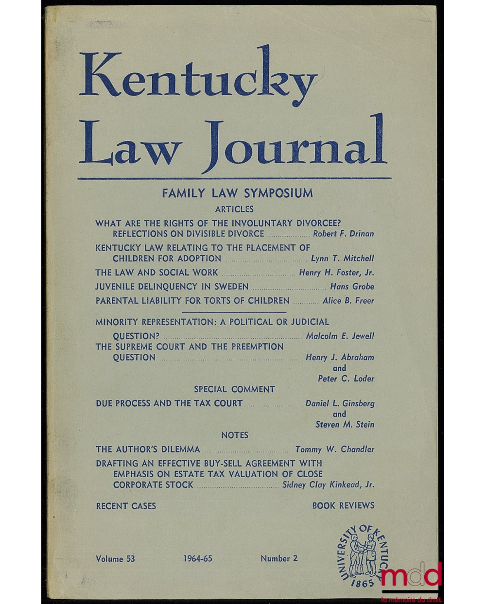 KENTUCKY LAW JOURNAL, Family law symposium, vol. 53, number 2, 1964-1965