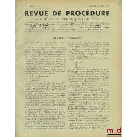 REVUE DE PROCÉDURE BULLETIN OFFICIEL DE LA FÉDÉRATION GÉNÉRALE DES AVOUÉS ; n° 1-2 de janvier-février 1937 à n° 1-2 de janvie...