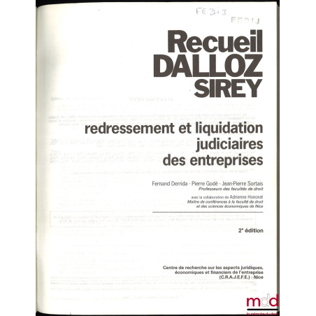 REDRESSEMENT ET LIQUIDATION JUDICIAIRES DES ENTREPRISES, 2ème éd., avec la collaboration d’Adrienne Honorat