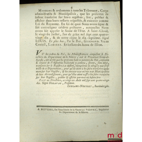 Lettres-Patentes du Roi, Sur les Décrets de l’Assemblée Nationales, des 9 &21 juillet 1790, QUI SUPPRIMENT LES OFFICES DE JUR...
