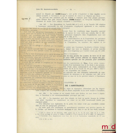 CODE DES ASSURANCES SOCIALES du 19 JUILLET 1911 maintenu en vigueur par la loi du 17 octobre 1919 et par la loi du 1er juin 1...