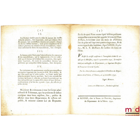 Loi PORTANT SUPPRESSION DE TOUTES LE CHAMBRES DE COMMERCE EXISTANT DANS LE ROYAUME. Signé Louis M. L. F. Duport. Donnée à Par...