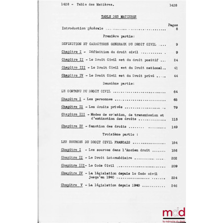 COURS DE DROIT CIVIL, Licence 1ère année, 1946-1947