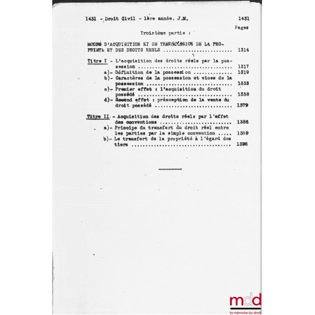 COURS DE DROIT CIVIL, Licence 1re année, 1946-1947