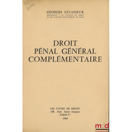 DROIT PÉNAL GÉNÉRAL COMPLÉMENTAIRE