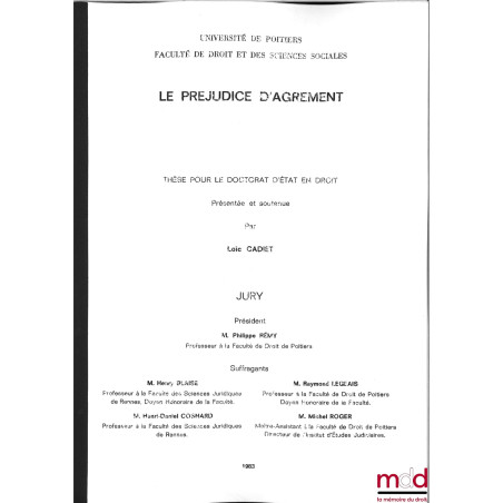 LE PRÉJUDICE D’AGRÉMENT, thèse [non publiée] pour le doctorat d’État en Droit, Jury présidée par Philippe Rémy, Université de...