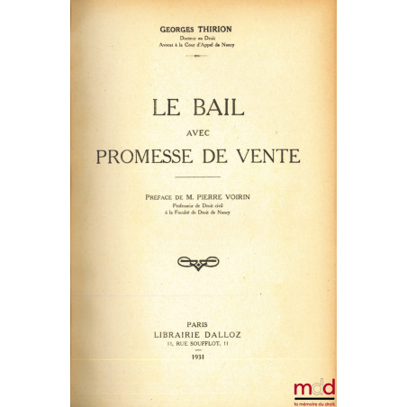 LE BAIL AVEC PROMESSE DE VENTE, Préface de M. Pierre Voirin
