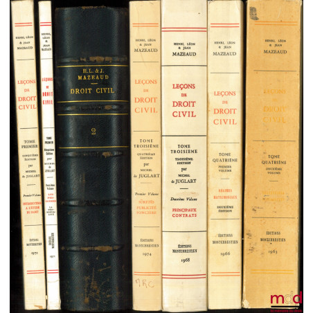 LEÇONS DE DROIT CIVIL :t. I-1er vol. : Introduction à l’étude du droit (5e éd. par M. Juglart, 1972) ; t. I-2e vol : Famill...