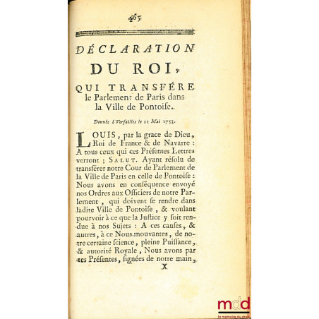 LES TRÈS-HUMBLES REMONTRANCES DU PARLEMENT AU ROI, Du 9 Avril 1753, auxquelles on a joint : 1° Une Tradition de faits, qui ma...