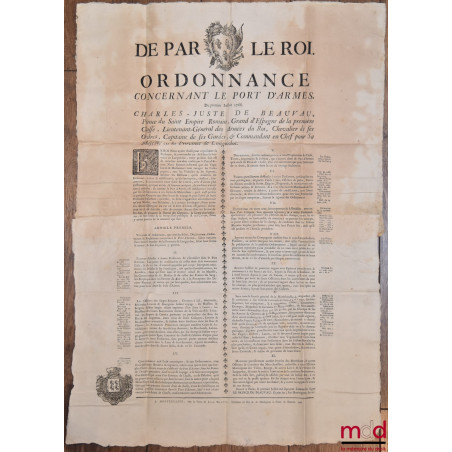 DE PAR LE ROI. ORDONNANCE CONCERNANT LE PORT D’ARMES. Du premier Juillet 1766. Charles-Juste de Beauvau