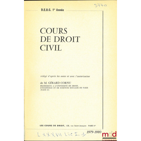 COURS DE DROIT CIVIL, D.E.U.G. 1re année, 1979-1980