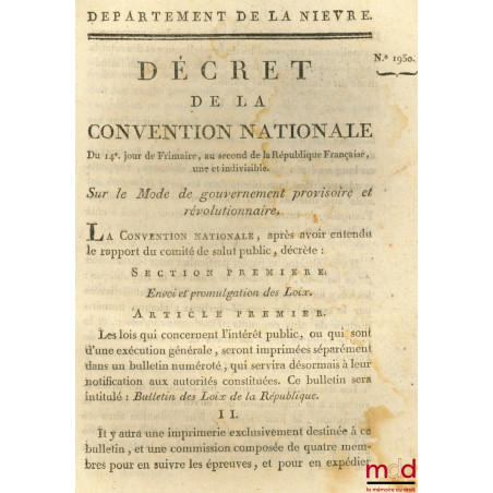 Décret de la Convention nationale, du 14ème jour de Frimaire, an second de la République Française, une et indivisible, Sur l...