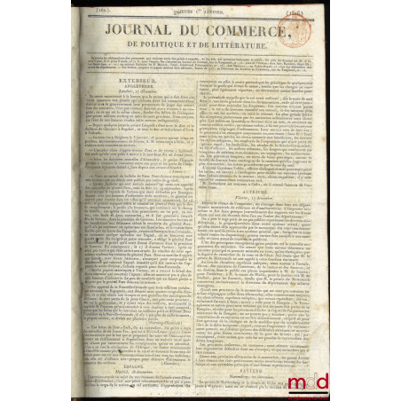 JOURNAL DU COMMERCE, DE POLITIQUE ET DE LITTÉRATURE :n° 1 à 181, 1er  janvier 1818 - 30 juin 1818 ;n° 182 à 191, 1er septem...