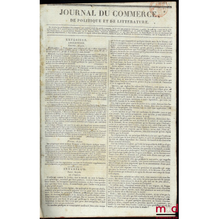 JOURNAL DU COMMERCE, DE POLITIQUE ET DE LITTÉRATURE :n° 1 à 181, 1er  janvier 1818 - 30 juin 1818 ;n° 182 à 191, 1er septem...