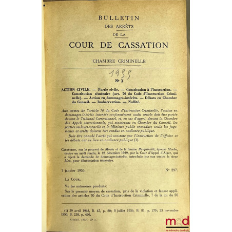 BULLETIN DES ARRÊTS DE LA COUR DE CASSATION, Chambre criminelle, de 1955 à 1991 ;TABLE ANALYTIQUE VICENNALE 1930-1949 (1 vol...