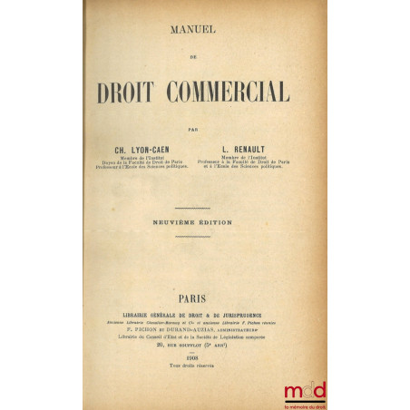 MANUEL DE DROIT COMMERCIAL, 9e éd.