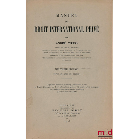 MANUEL DE DROIT INTERNATIONAL PRIVÉ, 9ème éd. revue et mise au courant
