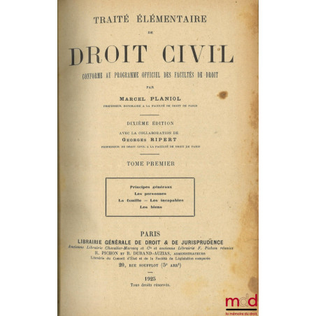 TRAITÉ ÉLÉMENTAIRE DE DROIT CIVIL, t. III, 11e éd. avec la collaboration de Georges Ripert : Les régimes matrimoniaux - Les s...