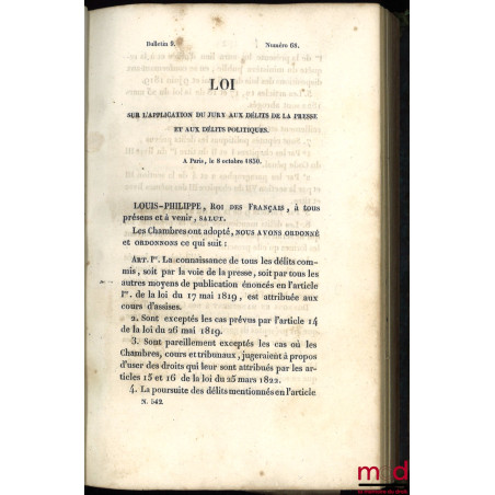 LOI SUR L’APPLICATION DU JURY AUX DÉLITS DE LA PRESSE ET AUX DÉLITS POLITIQUES, Bulletin 9 n° 68, 8 octobre 1830 ;LOI QUI PU...