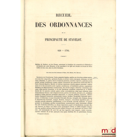 RECUEIL DES ORDONNANCES DE LA PRINCIPAUTÉ DE STAVELOT, 648-1794