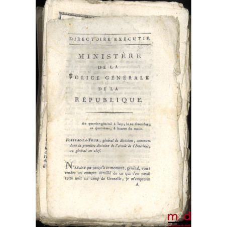 ENSEMBLE DE 20 BULLETINS DES LOIS :Directoire exécutif, Ministère de la police générale de la République, (signé Foissac-La-...