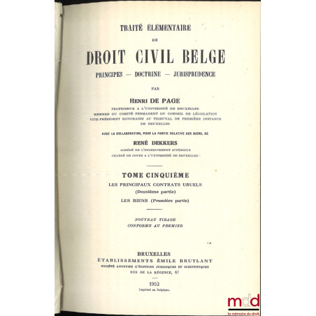 TRAITÉ ÉLÉMENTAIRE DE DROIT CIVIL BELGE, PRINCIPES - DOCTRINE - JURISPRUDENCE, 2e éd. complétée et entièrement mise à jour, N...