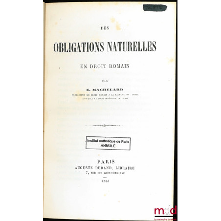 DES OBLIGATIONS NATURELLES EN DROIT ROMAIN