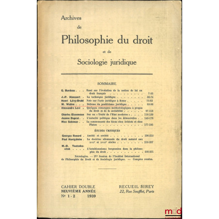 Archives de Philosophie du Droit et de Sociologie Juridique - Livraison n° 1-2 / 1939, Cahier Double, 9e année