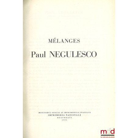 MÉLANGES PAUL NEGULESCO