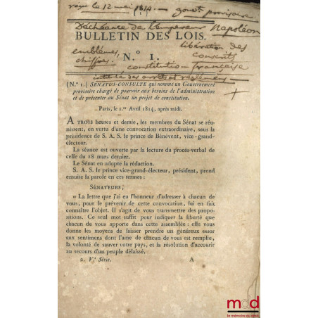 ENSEMBLE DE 14 BULLETINS DES LOIS :Mémoire envoyé à l’Assemblée nationale par M. Necker Directeur général des finances, 27 a...