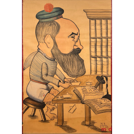 CARICATURE D’UN ÉTUDIANT DE DROIT EN CULOTTE COURTE (Petit Bateau) ET COIFFÉ D’UN BÉRET À POMPON, FAISANT DES PLIAGES AVEC LE...