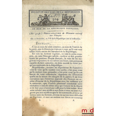 ENSEMBLE DE 20 BULLETINS DES LOIS :Bulletin des lois de la République française, Arrêté du Directoire exécutif qui règle pro...