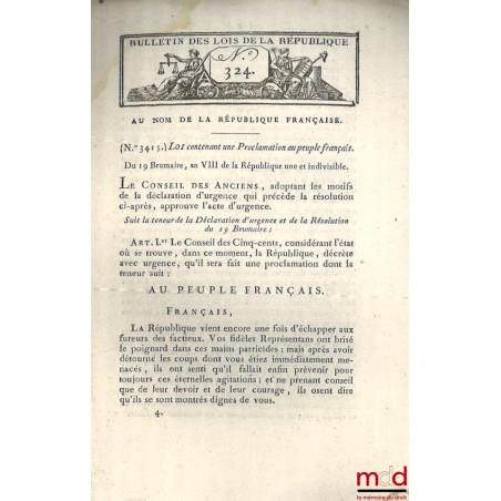 ENSEMBLE DE 20 BULLETINS DES LOIS :Bulletin des lois de la République française, Arrêté du Directoire exécutif qui règle pro...