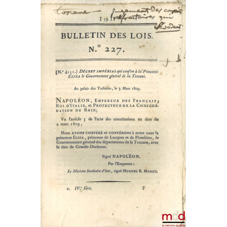 ENSEMBLE DE 20 BULLETINS DES LOIS :Bulletin des lois de la République française, Arrêté du Directoire exécutif qui règle pro...