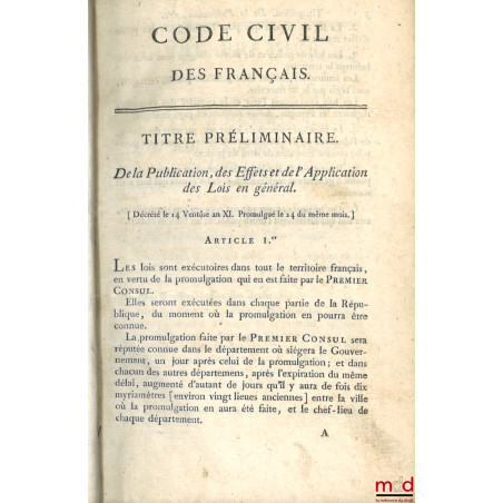 CODE CIVIL DES FRANÇAIS, ÉDITION ORIGINALE ET SEULE OFFICIELLE