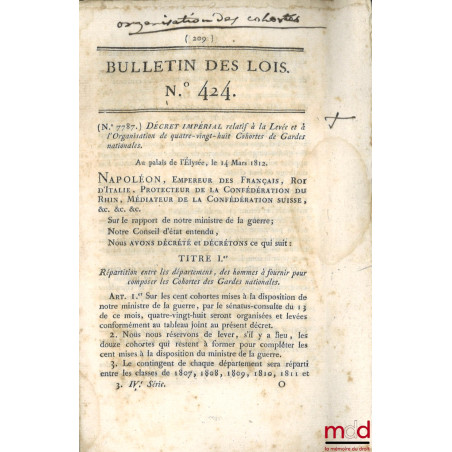 ENSEMBLE DE 23 BULLETINS DES LOIS :M. Dubois de Crancé, Second rapport du comité militaire sur l’établissement des Milices n...