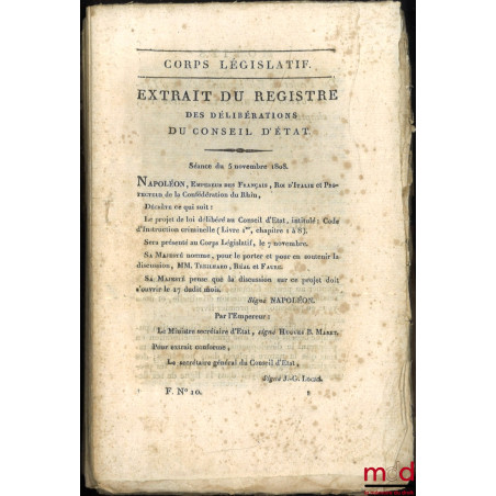 ENSEMBLE DE 20 BULLETINS DES LOIS :Extrait du registre des délibérations du Conseil d’État, Du Projet de Loi intitulé : Code...