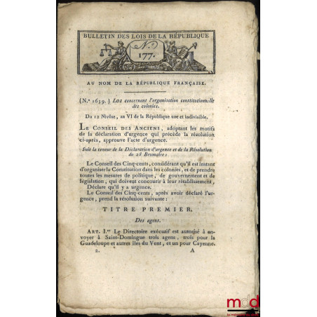 BULLETIN DES LOIS :Bulletin des lois de la République n° 177, Loi concernant l?organisation constitutionnelle des colonies (...