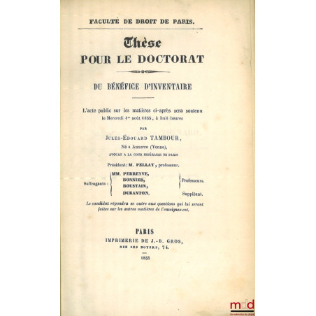 DU BÉNÉFICE D’INVENTAIRE, Thèse, Faculté de droit de Paris