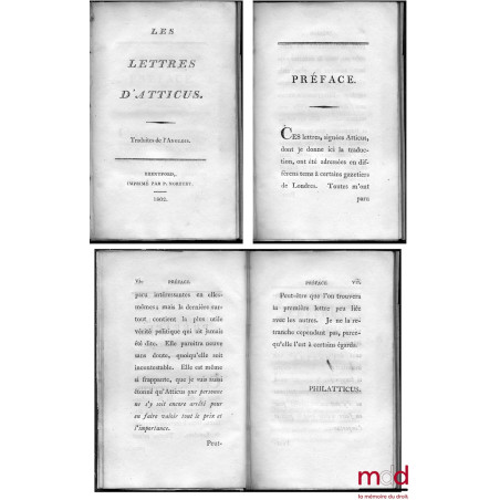 LES LETTRES D’ATTICUS (traduites de l’anglois) et PENSÉES D’ATTICUS