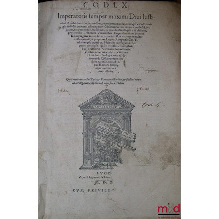 ENSEMBLE DE 4 TOMES DU CORPUS JURIS CIVILIS DE JUSTINIEN ISSUS DE 2 ÉDITIONS DIFFÉRENTES : TOME I : DIGESTUM VETUS. D. JUSTIN...