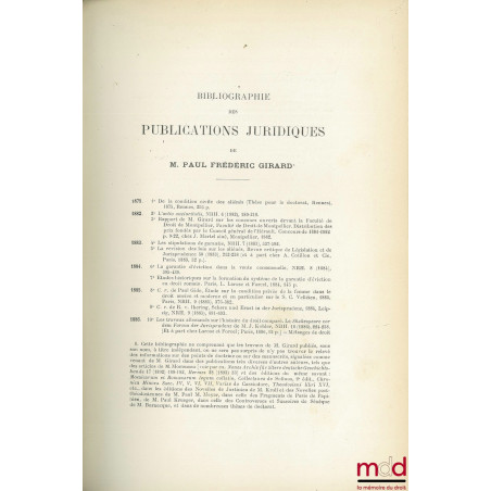 ÉTUDES D’HISTOIRE JURIDIQUE OFFERTES À PAUL FRÉDÉRIC GIRARD PAR SES ÉLÈVES