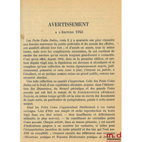 CODE CIVIL ANNOTÉ D?APRÈS LA DOCTRINE ET LA JURISPRUDENCE AVEC RENVOIS AUX PUBLICATIONS DALLOZ, 44e éd. entièrement refondue ...