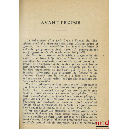 CODE CIVIL et principaux textes complémentaires, Avant-propos de M. André Rouast, nouvelle éd. mise à jour par René Roblot